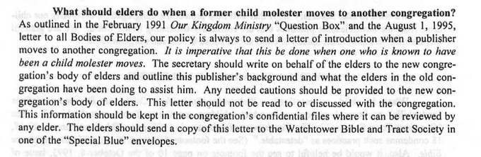 Letters to Elders 14. marts, 1997,børnemishandlere der flytter menighed